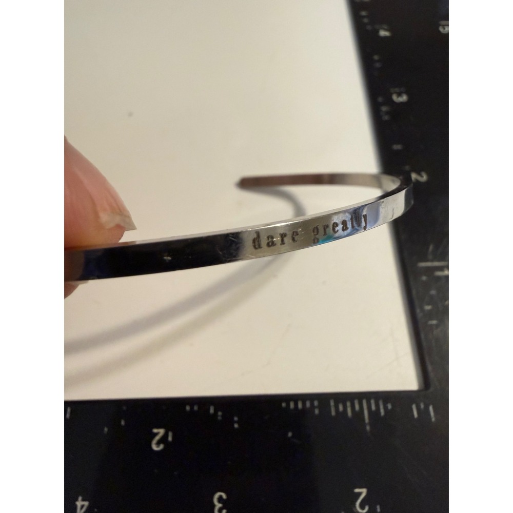 Dare Greatly Inspirational Silver Tone Cuff Bracelet Minimalist Stamped Bangle